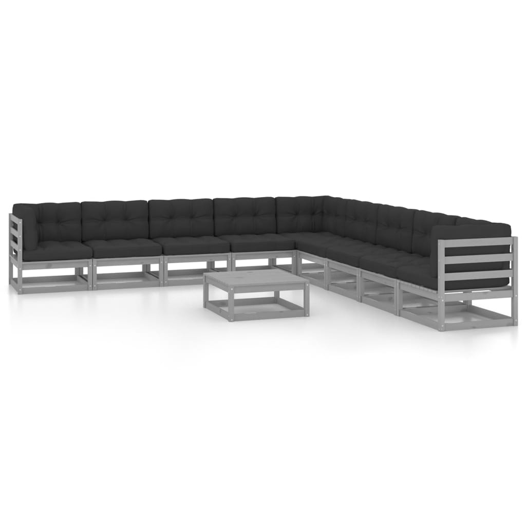 10-tlg. Garten-Lounge-Set mit Kissen Grau Kiefer Massivholz